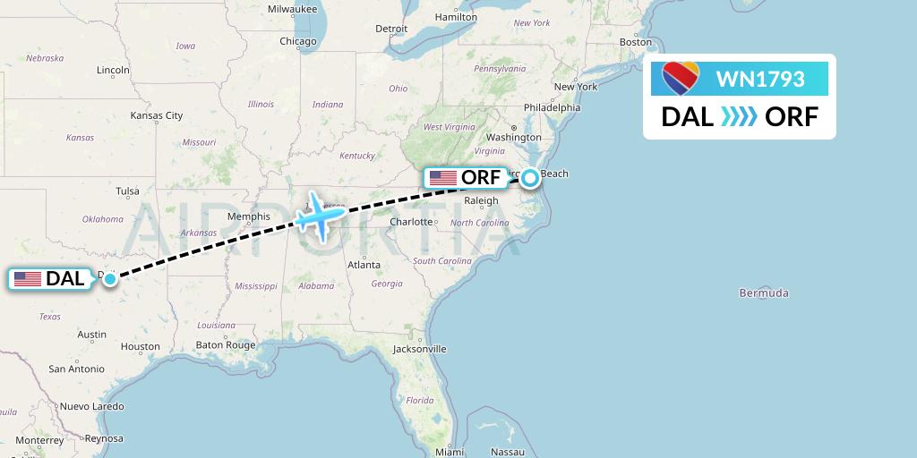 WN1793 Southwest Airlines Flight Map: Dallas to Norfolk