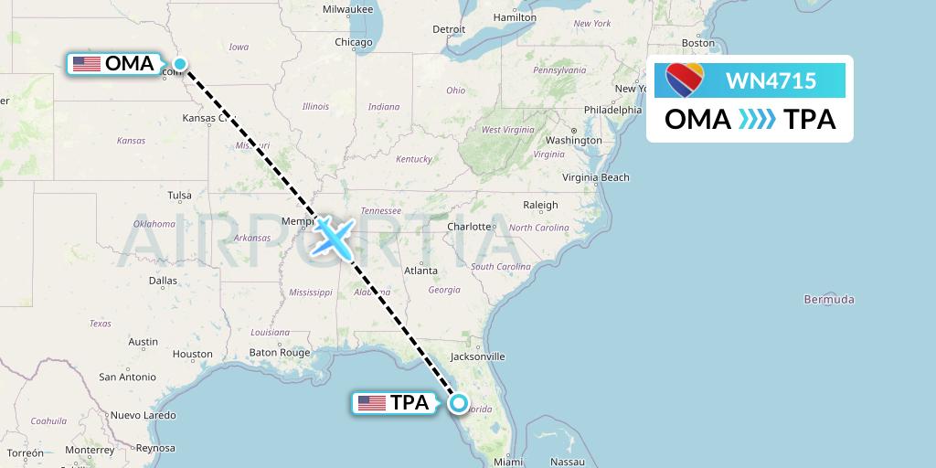 WN4715 Southwest Airlines Flight Map: Omaha to Tampa