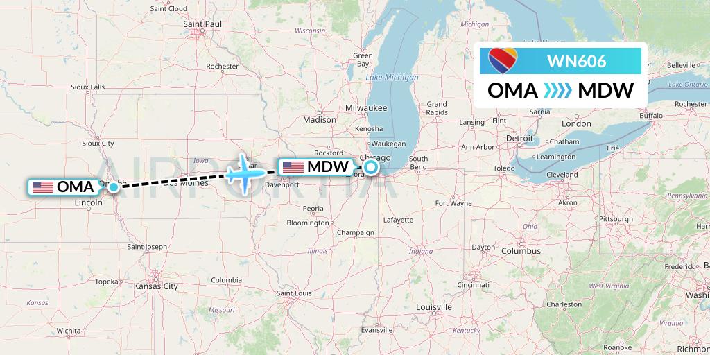 WN606 Southwest Airlines Flight Map: Omaha to Chicago