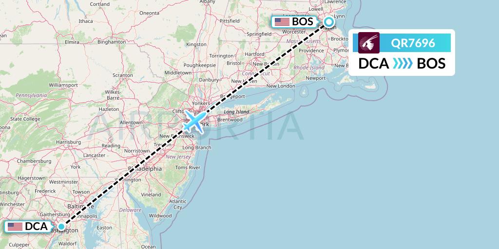 QR7696 Qatar Airways Flight Map: Washington to Boston