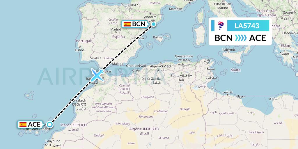 LA5743 LAN Airlines Flight Map: Barcelona to Lanzarote