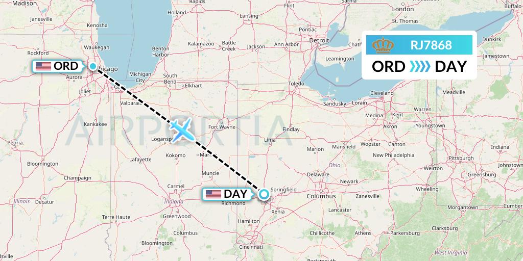 RJ7868 Royal Jordanian Flight Map: Chicago to Dayton