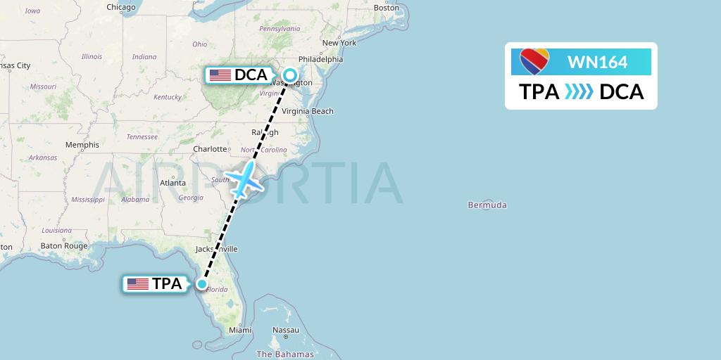 WN164 Southwest Airlines Flight Map: Tampa to Washington