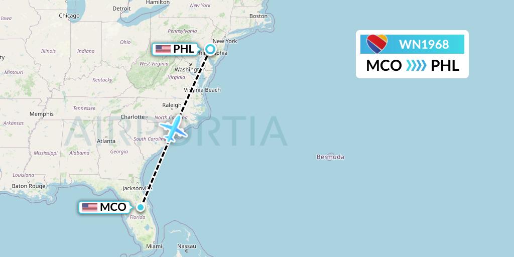 WN1968 Southwest Airlines Flight Map: Orlando to Philadelphia