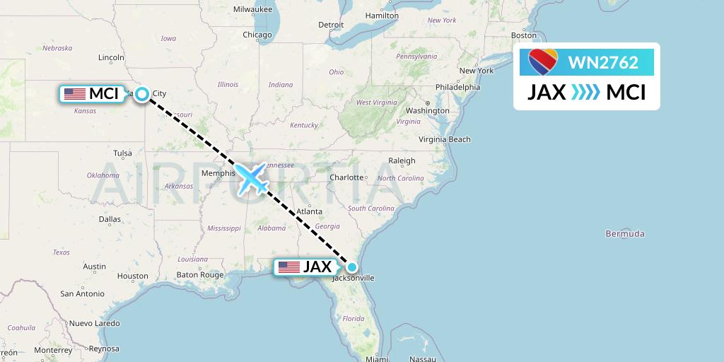 WN2762 Southwest Airlines Flight Map: Jacksonville to Kansas City