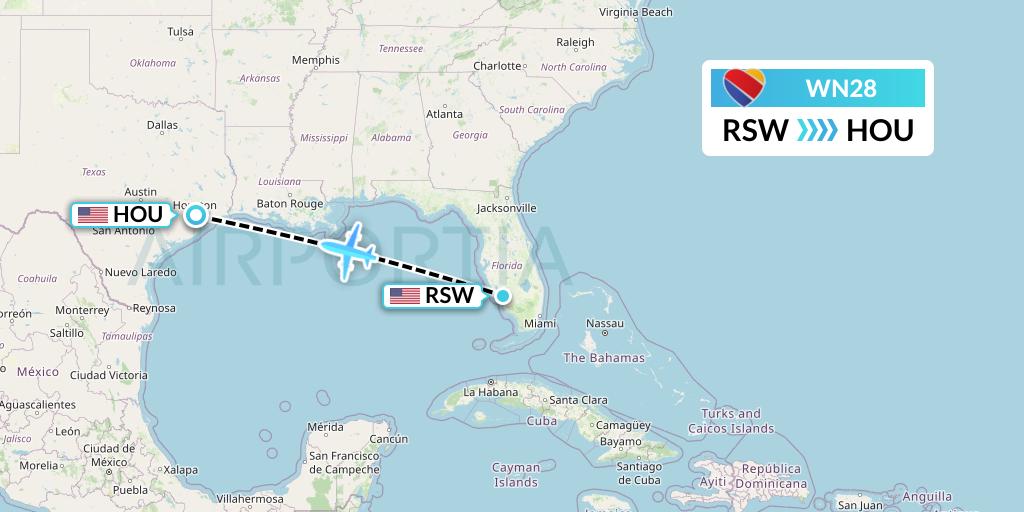 WN28 Southwest Airlines Flight Map: Fort Myers to Houston