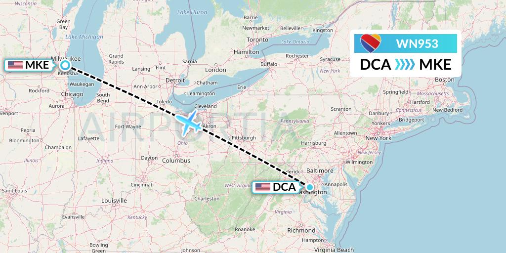 WN953 Southwest Airlines Flight Map: Washington to Milwaukee