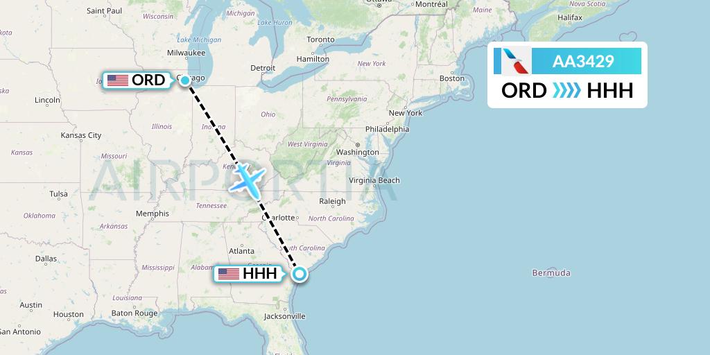 AA3429 American Airlines Flight Map: Chicago to Hilton Head Island