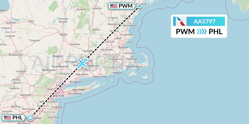 AA5797 American Airlines Flight Map: Portland to Philadelphia