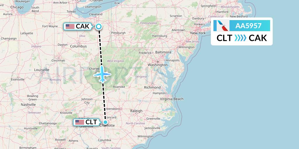 AA5957 American Airlines Flight Map: Charlotte to Akron