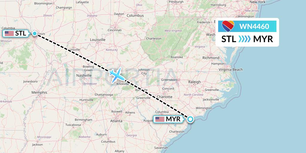 WN4460 Southwest Airlines Flight Map: St. Louis to Myrtle Beach