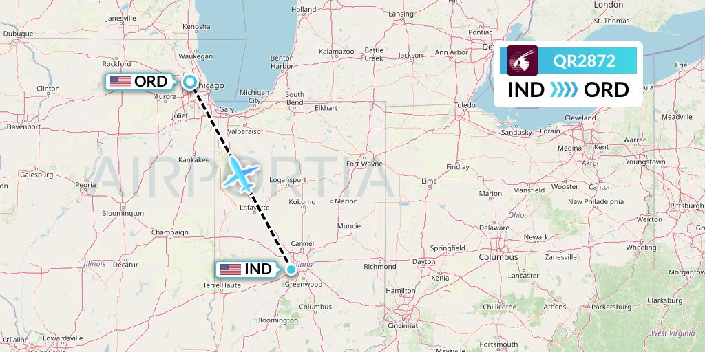 QR2872 Qatar Airways Flight Map: Indianapolis to Chicago