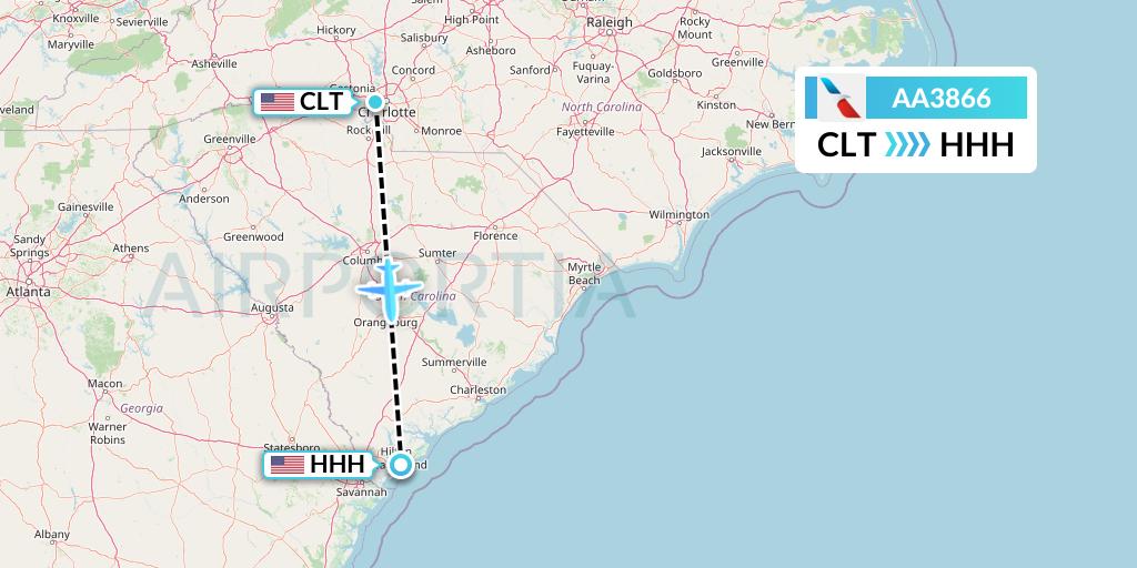 AA3866 American Airlines Flight Map: Charlotte to Hilton Head Island