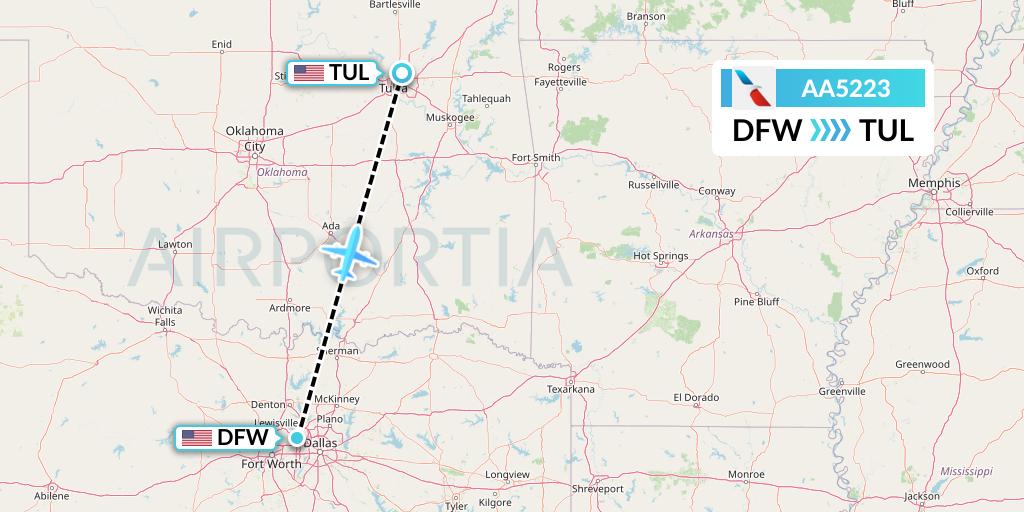 AA5223 American Airlines Flight Map: Dallas to Tulsa