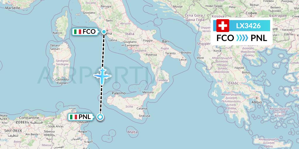 LX3426 Swiss Flight Map: Rome to Pantelleria