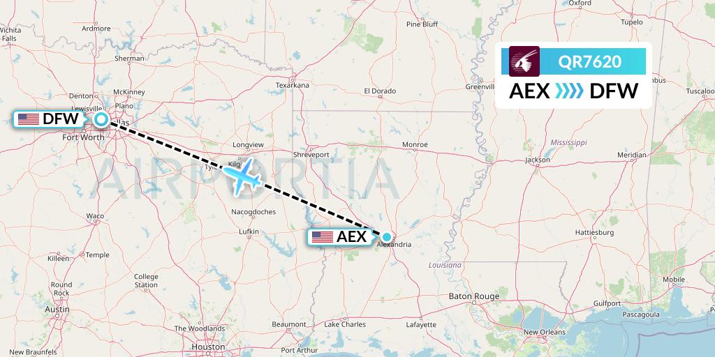 QR7620 Qatar Airways Flight Map: Alexandria to Dallas