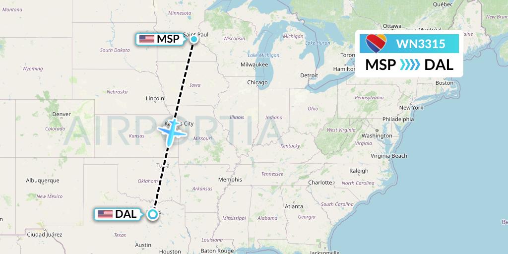 WN3315 Southwest Airlines Flight Map: Minneapolis to Dallas
