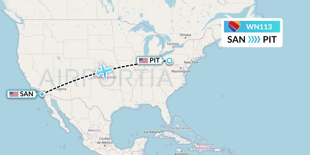 WN113 Southwest Airlines Flight Map: San Diego to Pittsburgh