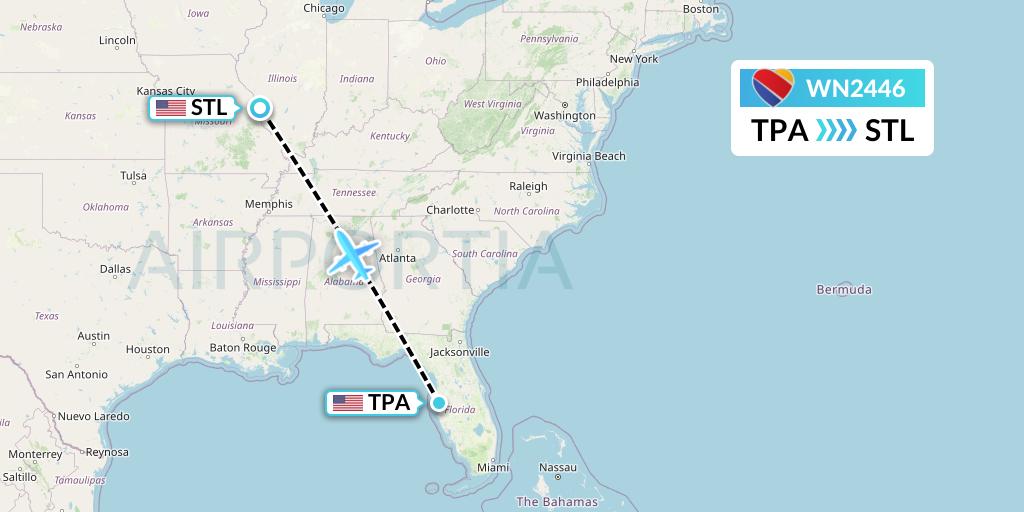 WN2446 Southwest Airlines Flight Map: Tampa to St. Louis