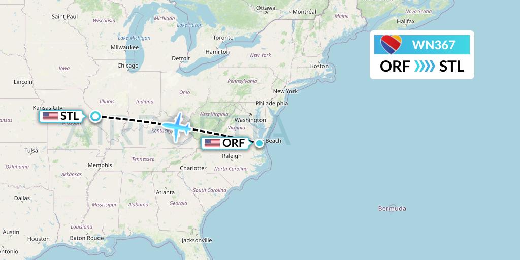 WN367 Southwest Airlines Flight Map: Norfolk to St. Louis