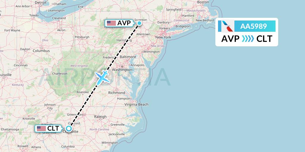 AA5989 American Airlines Flight Map: Avoca to Charlotte