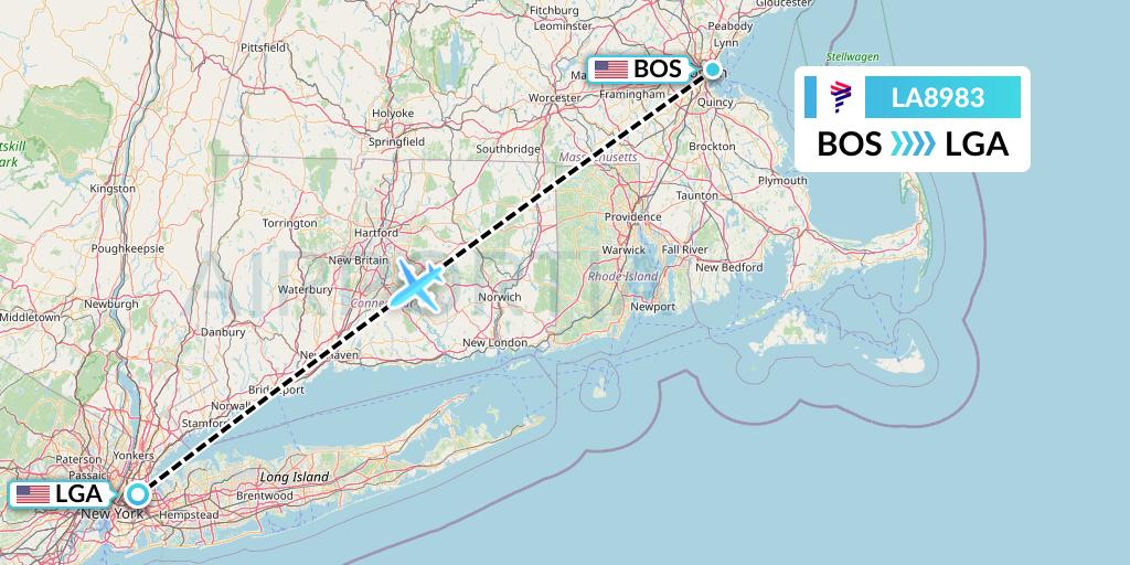 LA8983 LAN Airlines Flight Map: Boston to New York