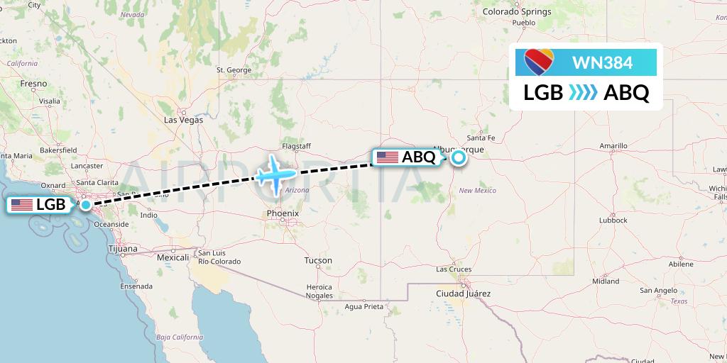 WN384 Southwest Airlines Flight Map: Long Beach to Albuquerque