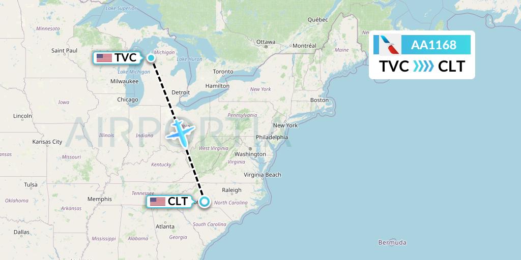 AA1168 American Airlines Flight Map: Traverse City to Charlotte