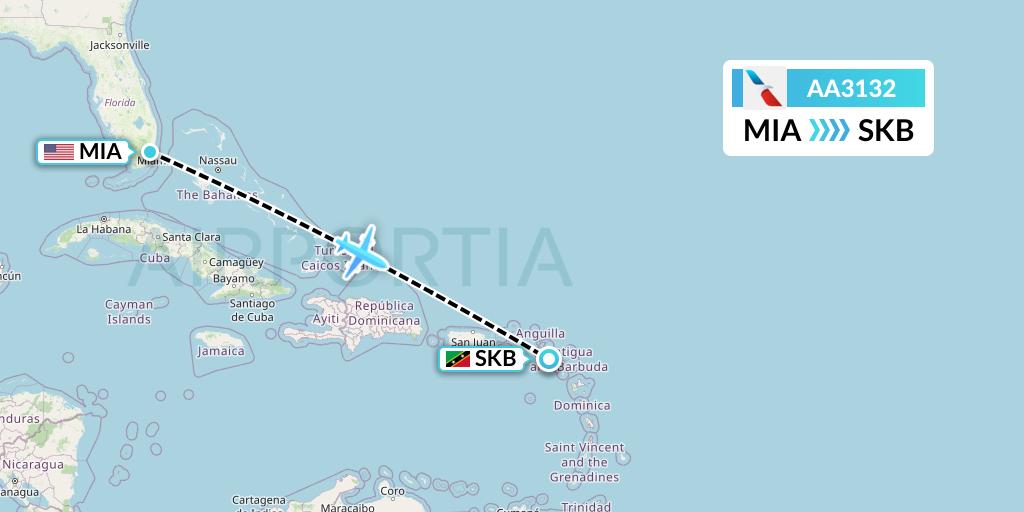 AA3132 American Airlines Flight Map: Miami to Basseterre
