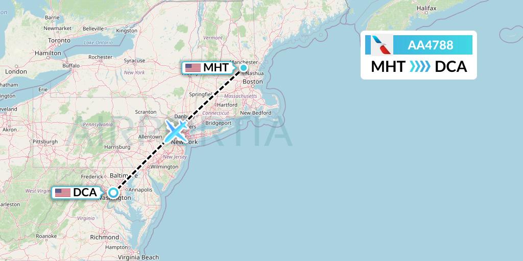 AA4788 American Airlines Flight Map: Manchester to Washington