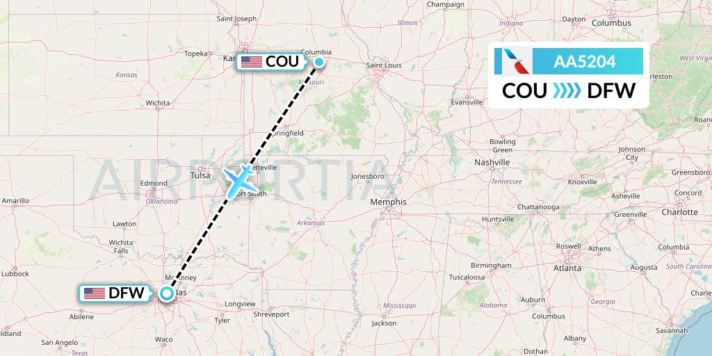 AA5204 American Airlines Flight Map: Columbia to Dallas
