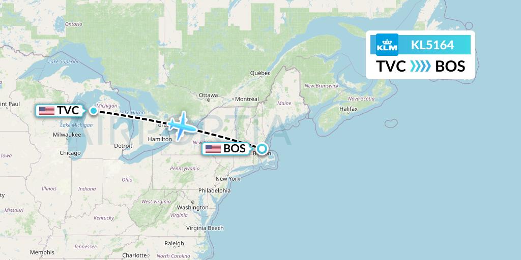 KL5164 KLM Flight Map: Traverse City to Boston