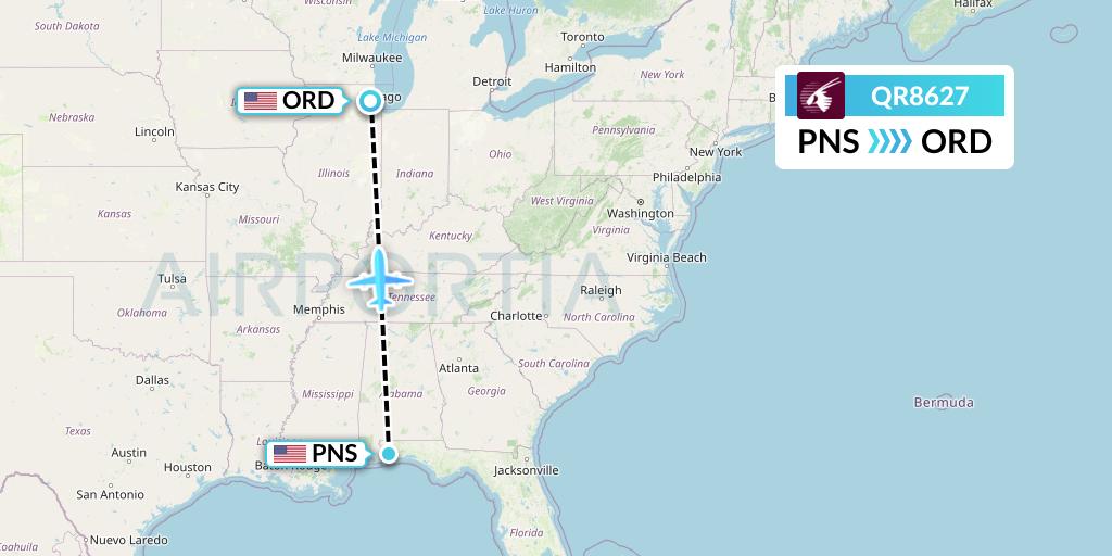 QR8627 Qatar Airways Flight Map: Pensacola to Chicago
