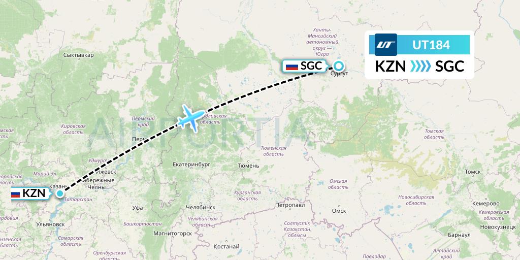 UT184 UTair Flight Map: Kazan to Surgut