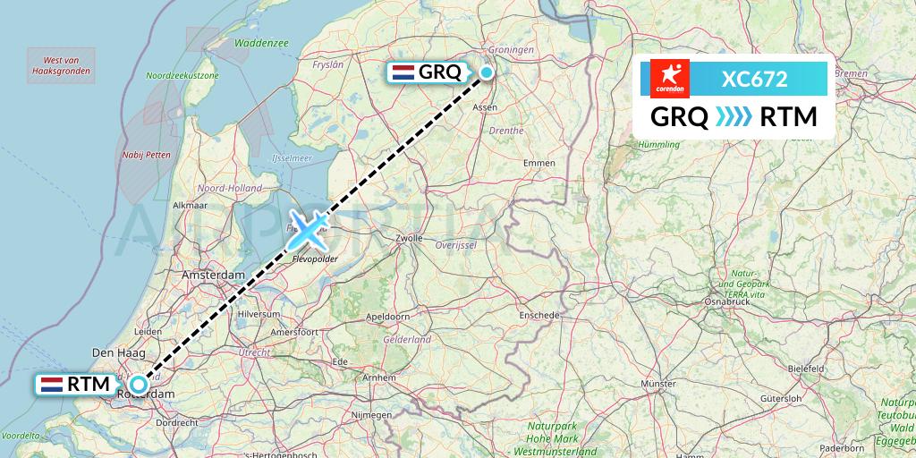 XC672 Corendon Airlines Flight Map: Groningen to Rotterdam