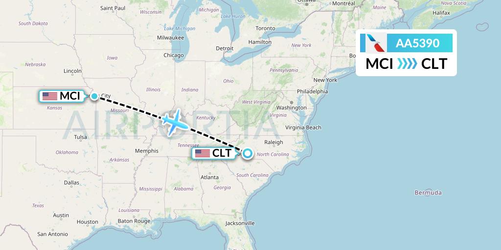 AA5390 American Airlines Flight Map: Kansas City to Charlotte