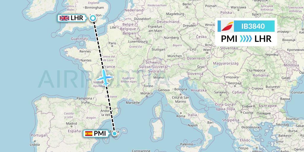 IB3840 Iberia Flight Map: Palma de Mallorca to London