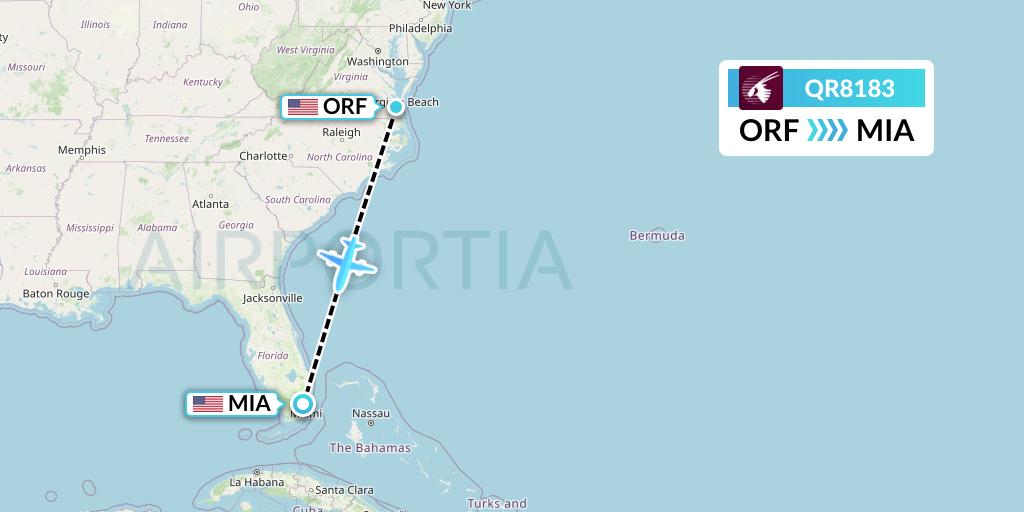 QR8183 Qatar Airways Flight Map: Norfolk to Miami