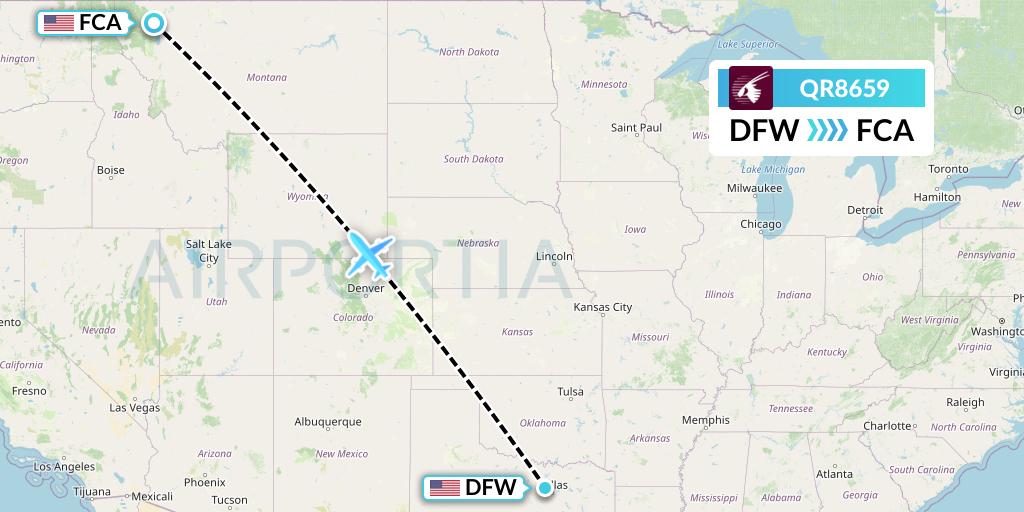 QR8659 Qatar Airways Flight Map: Dallas to Kalispell