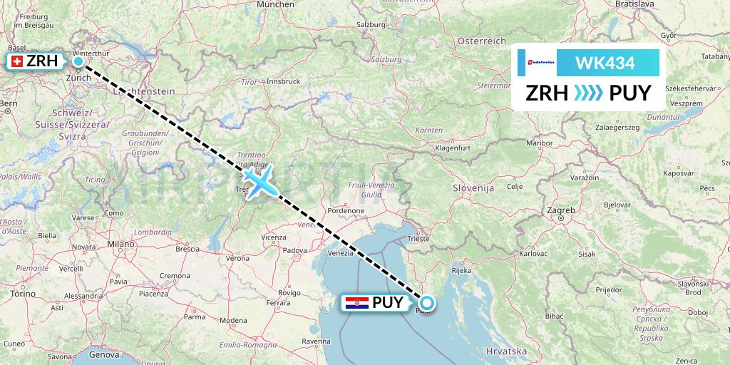 WK434 Edelweiss Air Flight Map: Zurich to Pula