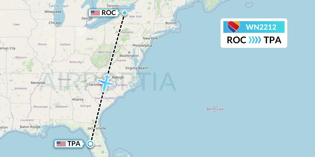 WN2212 Southwest Airlines Flight Map: Rochester to Tampa