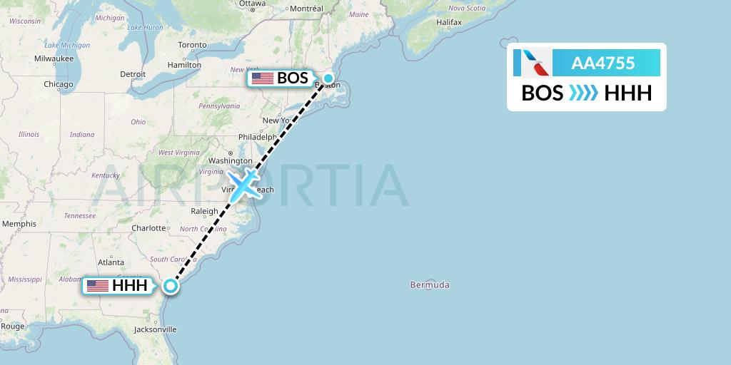 AA4755 American Airlines Flight Map: Boston to Hilton Head Island