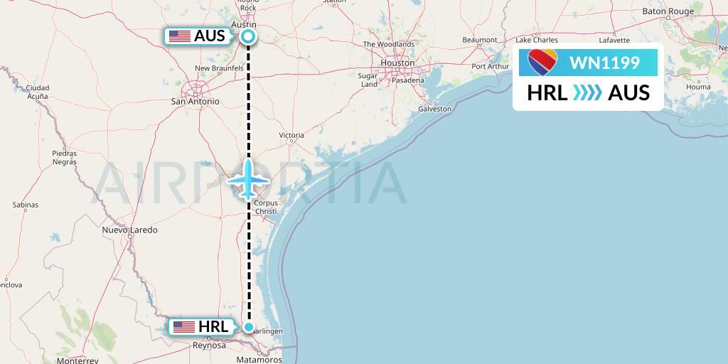 WN1199 Southwest Airlines Flight Map: Harlingen to Austin