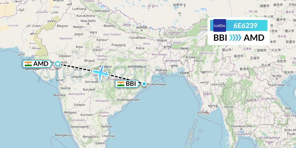 6E6239 IndiGo Airlines Flight Map: Bhubaneswar to Ahmedabad