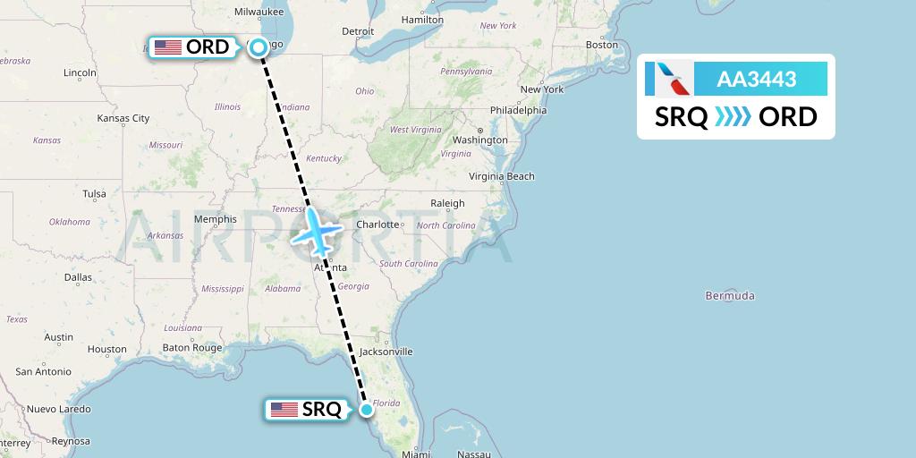AA3443 American Airlines Flight Map: Sarasota to Chicago