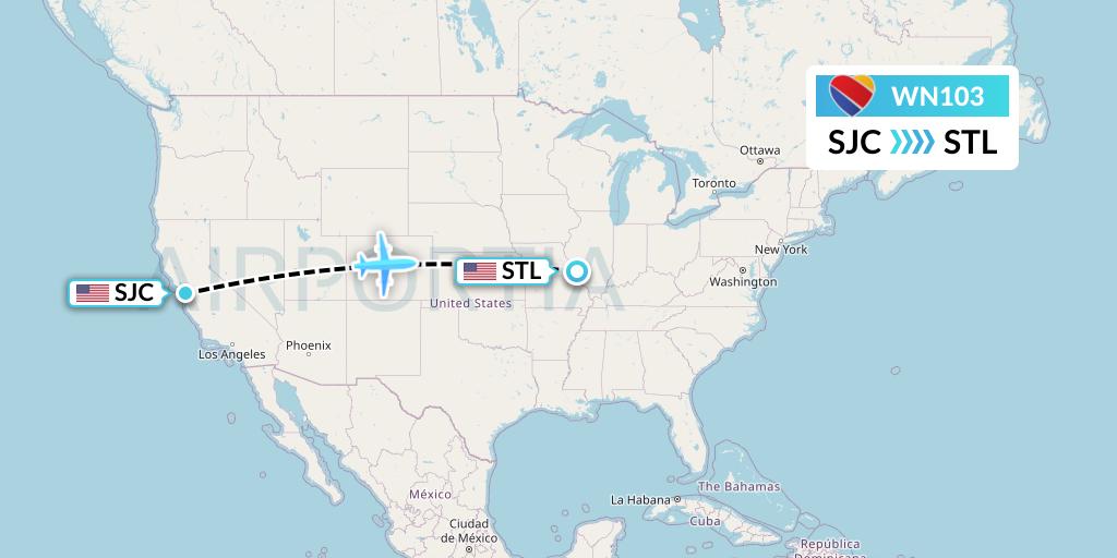 WN103 Southwest Airlines Flight Map: San Jose to St. Louis