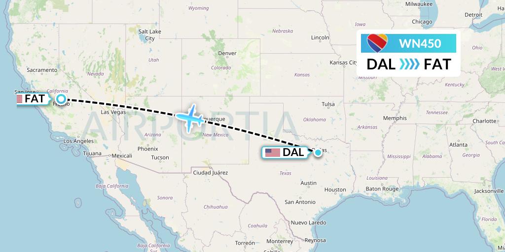 WN450 Southwest Airlines Flight Map: Dallas to Fresno