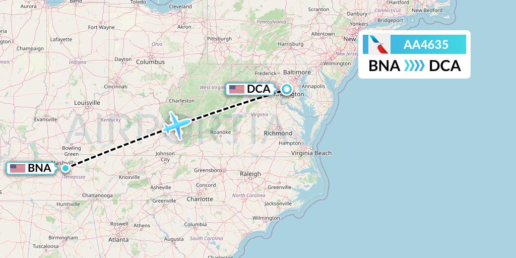 AA4635 American Airlines Flight Map: Nashville to Washington