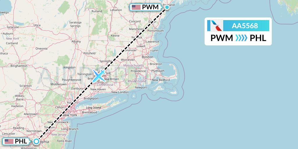 AA5568 American Airlines Flight Map: Portland to Philadelphia