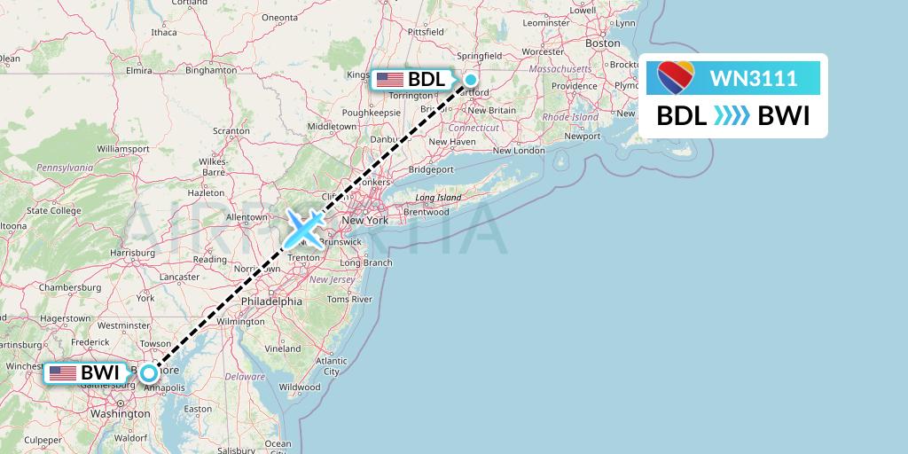 WN3111 Southwest Airlines Flight Map: Windsor Locks to Baltimore